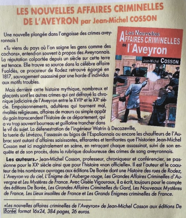 Les nouvelles affaires criminelles de l'Aveyron par J-M Cosson